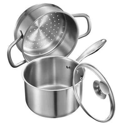 Vevor Saucepan With Steamer Stainless Steel Saucepan With Glass Lid In Silver