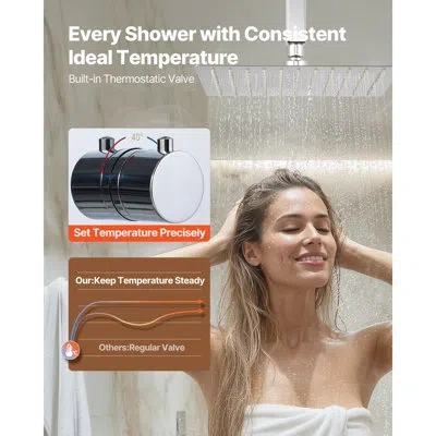 Vevor Shower Faucet Set, 12 Inch Thermostatic Ceiling Mount Rainfall Shower System With 6 Inch Wall Mount  In Brown
