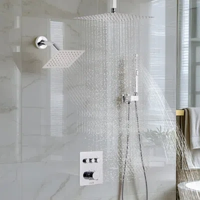 Vevor Shower Faucet Set, 12 Inch Thermostatic Ceiling Mount Rainfall Shower System With 6 Inch Wall Mount  In Silver