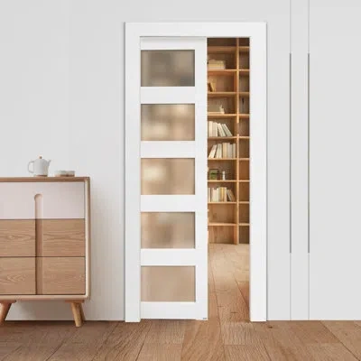 Vevor Sliding Pocket Door 5-lite Frosted Glass Single Sliding Door In White