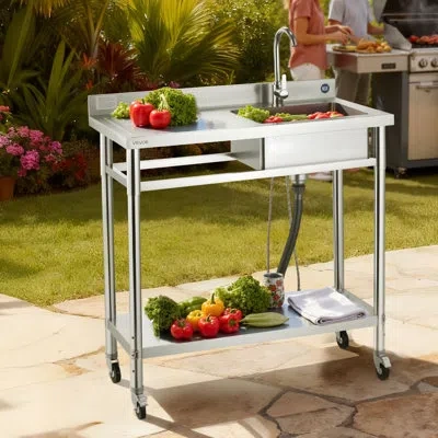 Vevor Stainless Steel Utility Sink, Rolling Single Bowl Commercial Kitchen Sink With Wheels, Faucet And Ho