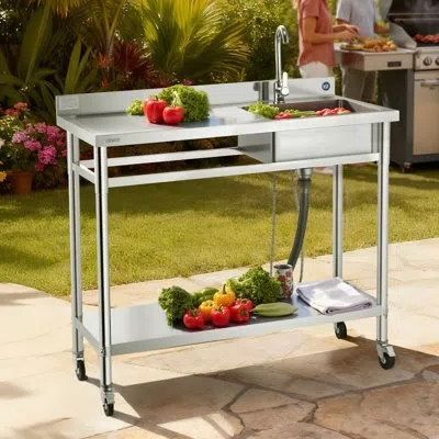 Vevor Stainless Steel Utility Sink, Rolling Single Bowl Commercial Kitchen Sink With Wheels, Faucet And Ho