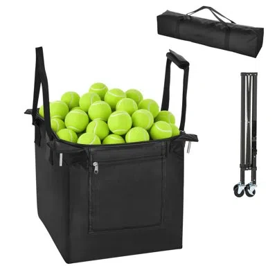 Vevor Tennis Ball Hopper, Holds 150 Tennis Balls, Foldable Pickleball Basket Cart With Wheels For Easy Pic In Black