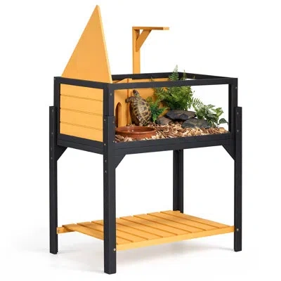 Vevor Tortoise Habitat 2-room Wooden Tortoise House Built-in Lamp Stand, For Small Animals Indoor Outdoor, In Black