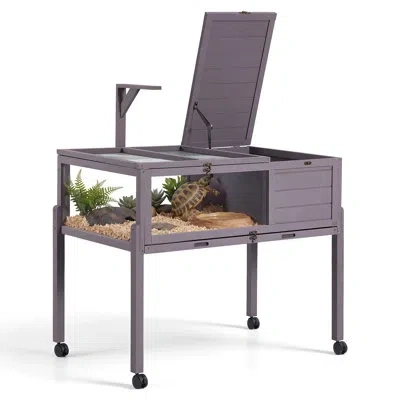 Vevor Tortoise Habitat 2-room Wooden Tortoise House With Swivel Casters, For Small Animals Indoor Outdoor, In Gray