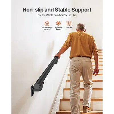 Vevor Wall Mounted Stair Handrail, 10ft Pipe Staircase Handrail, 1.26 Inch Pipe Diameter, Black Galvanized