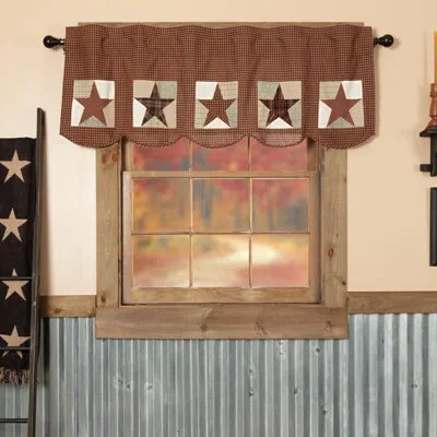 Vhc Brands Abilene Star Plaid Cotton Window Valance In Burgundy/tan/dark Brown In Brown;red;tan