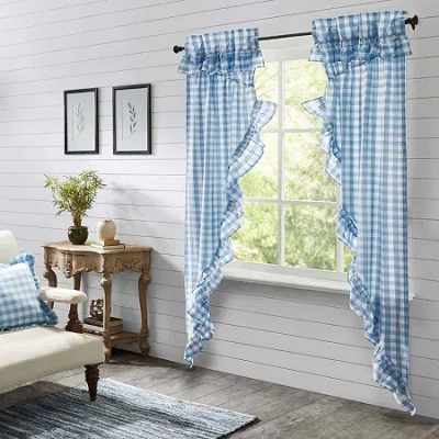 Vhc Brands Annie Check Ruffle Rod Pocket Light-filtering Set Of 2 Curtain Panel In Blue
