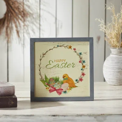 Vhc Brands Bunny Hop Happy Easter Chick & Wreath Mdf Wall Sign 12x12x0.5 In Green;pink;cream