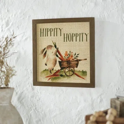 Vhc Brands Bunny Hop Hippity Hoppity Bunny & Carrot Wagon Mdf Wall Sign 12x12x0.5 In Green;orange;tan