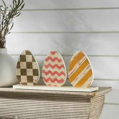 Vhc Brands Bunny Hop Mdf 3 Painted Eggs W/ Base 5.5x12x2.25 In Green;pink;cream