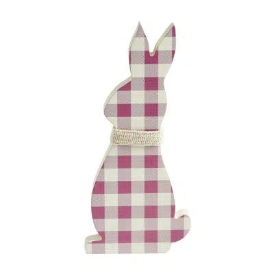 Vhc Brands Bunny Hop Mdf All Ears Lavender Check Bunny In Burlap Scarf 13x6x1 In White,purple