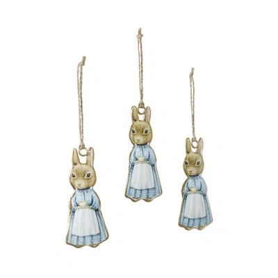 Vhc Brands Bunny Hop Metal Apron Rabbit Ornament Set Of 3 4x2 In Blue;brown;white