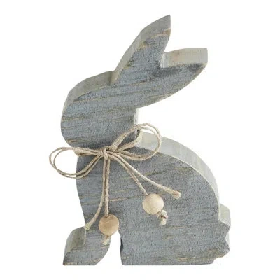 Vhc Brands Bunny Hop Wooden Sitting Bunny Grey W/ Natural Beads In Brown;gray