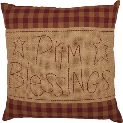 Vhc Brands Burgundy Check Prim Blessings Pillow 12x12 In Red;tan