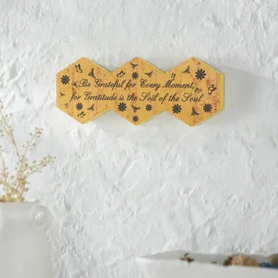 Vhc Brands Buzzy Bees Be Grateful For Every Moment Hexagons Mdf Wall Sign 5.8x15x1 In Gray;yellow