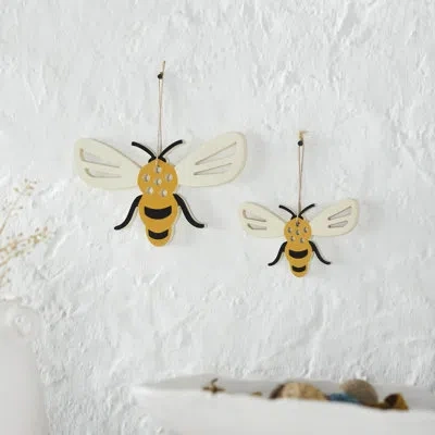 Vhc Brands Buzzy Bees Bee Shaped Mdf Wall Hanging W/ Twine Set Of 2 Sizes In Black;white;yellow