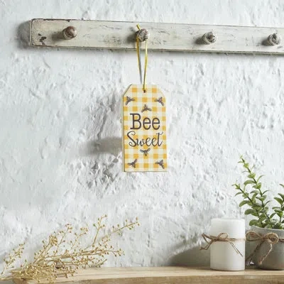 Vhc Brands Buzzy Bees Bee Sweet Honey Check Mdf Tag Ornament W/ Ribbon 7x3.75x0.5 In White;gray;yellow