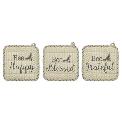 Vhc Brands Buzzy Bees Geometric 100% Cotton Pot Holder Set In Gray;yellow;cream