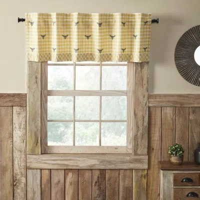 Vhc Brands Buzzy Bees Gingham Cotton Ruffled 60" Window Valance In Gray/yellow/cream In Gray;yellow;cream