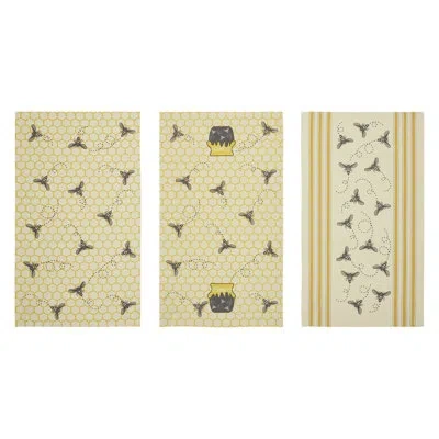 Vhc Brands Buzzy Bees Honeypot Tea Towel Set Of 3 16x28 In Gray;yellow;gold