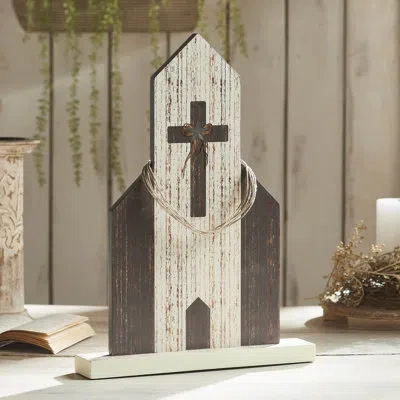 Vhc Brands Celebrate Grace Mdf Church W/ Cross Star & Jute Twine Coil 18.7x13.75x2.5 In Brown;white;gray