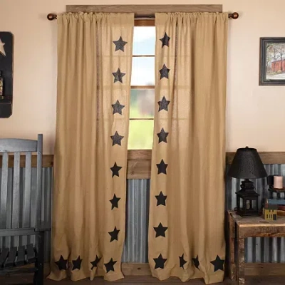 Vhc Brands Cotton Burlap Star Rod Pocket Embellished Light-filtering Set Of 2 Curtain Panel In Black