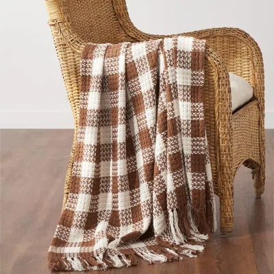 Vhc Brands Dark Amber Woven Check Throw Blanket With Fringe In Brown