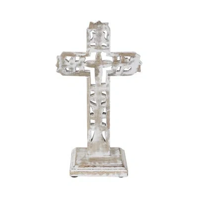 Vhc Brands Distressed White Ornate Wooden Cross W/ Base 13x7.5x5 In Gray