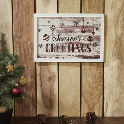 Vhc Brands Festive Finds Season's Greetings Ornaments Wall Hanging Sign 11x16 In Black;red;cream