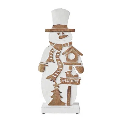 Vhc Brands Festive Finds Snowman With Welcome Sign Carved Wooden Figurine 16x7x2.25 In Brown;white