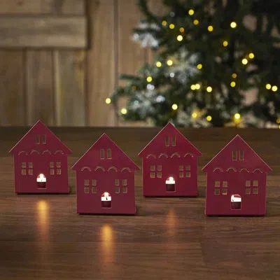 Vhc Brands Festive Finds Tealight Holder House Set Of 4 4.5x3.75x2.25 In Burgundy
