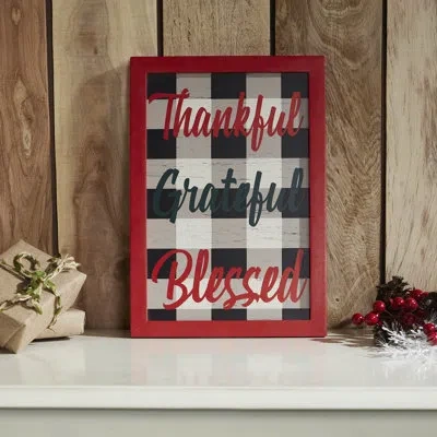 Vhc Brands Festive Finds Thankful Grateful Blessed Christmas Gingham Wall Hanging Sign 13x9 In Black;red;cream
