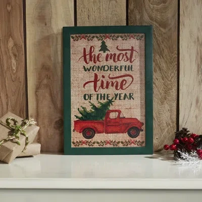 Vhc Brands Festive Finds The Most Wonderful Time Truck Burlap Wall Hanging Sign 13x9 In Green;red;tan