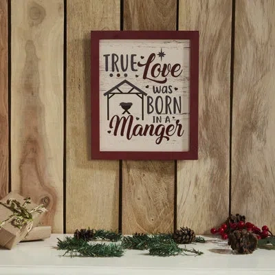 Vhc Brands Festive Finds True Love Was Born In A Manger Framed Wall Hanging Sign 12x10 In Gray;red;cream