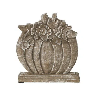 Vhc Brands Floral Crown Carved Wooden Pumpkin 8.5x8x2 In Tan;white