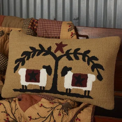 Vhc Brands Heritage Farms Sheep And Star Hooked Pillow 14x22 In Black;red;tan
