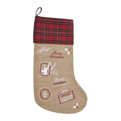 Vhc Brands Higher Glory Burlap Natural Jute Plaid Airmail Stocking 12x20 In Black;red;tan