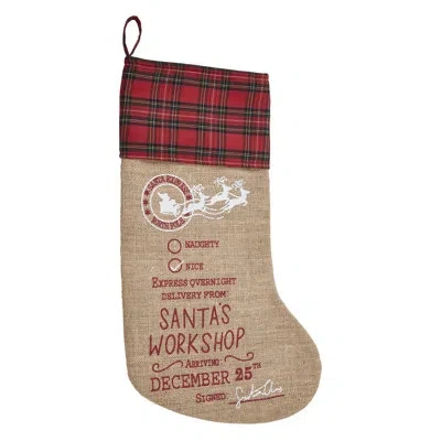 Vhc Brands Higher Glory Burlap Natural Jute Plaid Santa's Workshop Stocking 12x20 In Black;red;tan