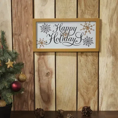 Vhc Brands Higher Glory Happy Holidays Snowflakes Framed Wall Hanging Sign 8x16 In Brown;gray;cream