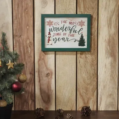 Vhc Brands Higher Glory It's The Most Wonderful Time Snowman Framed Wall Hanging Sign 9x12 In Green;red;cream