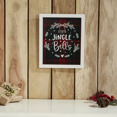 Vhc Brands Higher Glory Jingle Bells Wreath Plaid Framed Wall Hanging Sign 12x10 In White,green,red