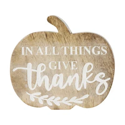 Vhc Brands In All Things Give Thanks Pumpkin Shaped Wood Decor 6.75x6.5x1.25 In Brown;cream