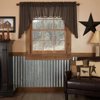 Vhc Brands Kettle Grove Plaid Scalloped Swag 72" Window Valance In Country Black/khaki In Black;tan
