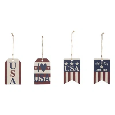 Vhc Brands My Country Usa Rwb Mdf Ornament W/ Twine Set Of 4 4x2.5x0.25 In Blue;red;tan