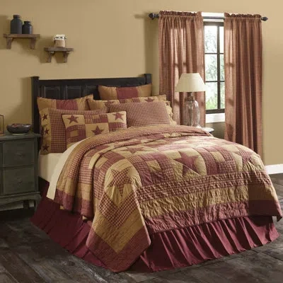 Vhc Brands Ninepatch Star Cotton Reversible Farmhouse / Country Quilt In Red;tan