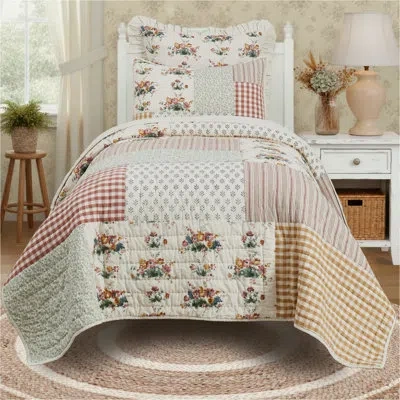 Vhc Brands Rosehill Cottage Floral Gingham Patch Cotton Twin Quilt Set - 3 Piece Dusty Rose & Natural Vintage P In Blue;pink;cream