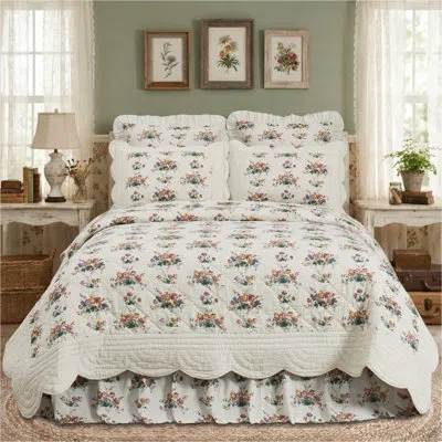 Vhc Brands Rosehill Cottage Floral Scalloped Cotton Luxury King Quilt - 120x105 Dusty Rose & Natural Vintage Bo In Blue;pink;cream