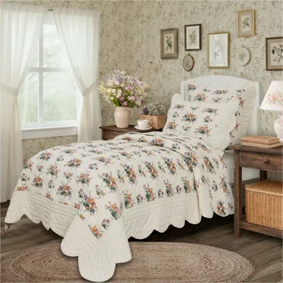Vhc Brands Rosehill Cottage Floral Scalloped Cotton Twin Quilt Set - 3-piece - Dusty Rose & Natural In Blue;pink;cream