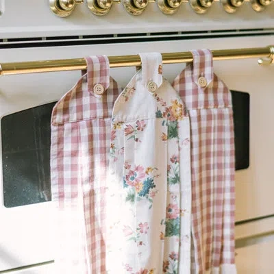 Vhc Brands Rosehill Cottage Ruffled Cotton Hanging Kitchen Towels - Set Of 3 - Green & Dusty Rose Gingham Flora In Blue;pink;cream